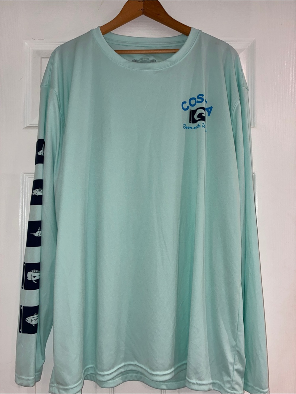 COSTA Men’s NWT Mint Green Long Sleeve Fishing Tee With Navy Sleeve Graphics XXL